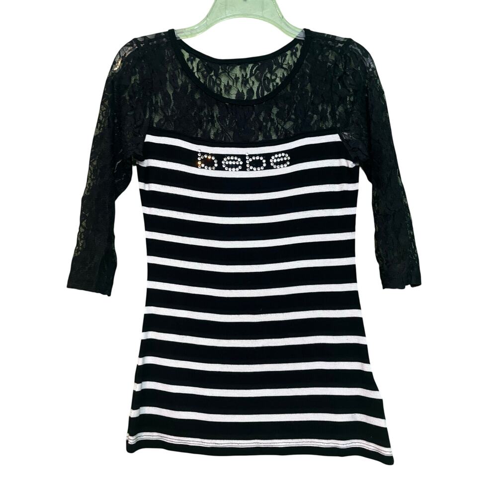 Bebe Striped Laced Shoulders Long Sleeve Soft Rayon Blend Top Size M